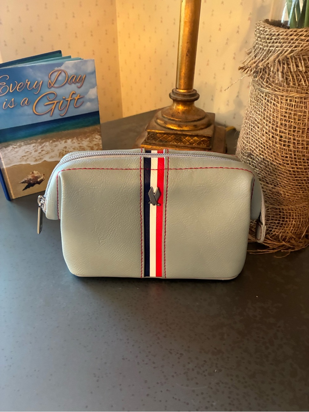 AMERICAN AIRLINES business amenity travel pouch. SILVER BIRD STRIPES. Zips.